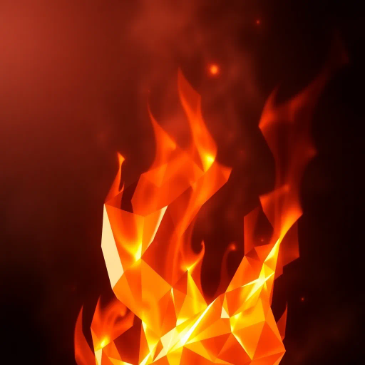 faceted geometry, polygonal forms, dynamic flames, flickering light, abstract fire, warm hues, angular shapes, minimalist design, digital abstraction, geometric patterns, modern interpretation, shimmering heat, textured surfaces, vibrant energy, crystalline structures, orange and red palette, elemental interplay, visual rhythm, stylized representation