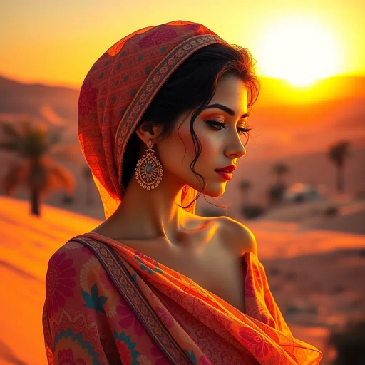 captivating allure, Arab beauty, modern elegance, Henri Matisse-inspired, vibrant colors, intricate patterns, exotic allure, cultural richness, desert oasis backdrop, golden hour lighting, sun-kissed skin, delicate textures, flowing lines, sensual movement, warm tones, harmonious composition, romantic ambiance, visual poetry, timeless grace, artistic expression, enchanting aura, seductive composition, ethereal mood, desert mirage, exotic elegance, Arabic cultural motifs, artistic flair, visual poetry, enticing geometry, serene atmosphere, Middle Eastern influences, dynamic forms, opulent textures, lyrical brushstrokes