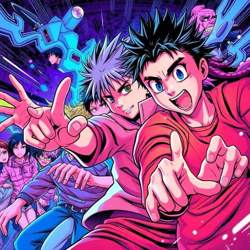 dynamic characters, intricate costumes, vibrant energy, vivid emotion, bold lines, expressive eyes, dramatic angles, energy bursts, vibrant colors, stylized action, cultural references, fantastical elements, modern storytelling, fluid motion, intense drama, character evolution, narrative depth, vibrant landscapes, animated world, stylistic exaggeration, Manga influences, deep shadows, contrasting tones, dynamic composition