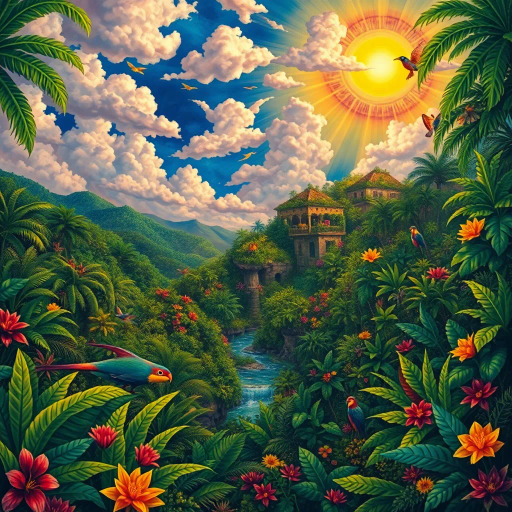 vivid rainforests, carnival atmosphere, vibrant colors, intricate details, lush foliage, rich cultural heritage, magical realism, Brazilian landscape, surreal clouds, tropical wildlife, Henri Rousseau influence, rhythmic movement, radiant sunlight, festive mood, intricate patterns, exotic birds, mythical elements, celebratory spirit, tropical flora, samba rhythm, enchanting scenery