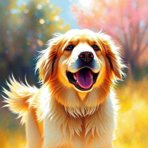 joyful golden retriever, fluffy fur, vibrant colors, bright sunshine, playful energy, canine portrait, expressive eyes, John Singer Sargent, Impressionism, warm hues, cheerful mood, dynamic pose, nature background, soft textures, lively movement, contemporary art, realistic detail, gentle brushstrokes, idyllic setting, outdoor scene, heartwarming companionship, golden tones, whimsical charm, visual harmony