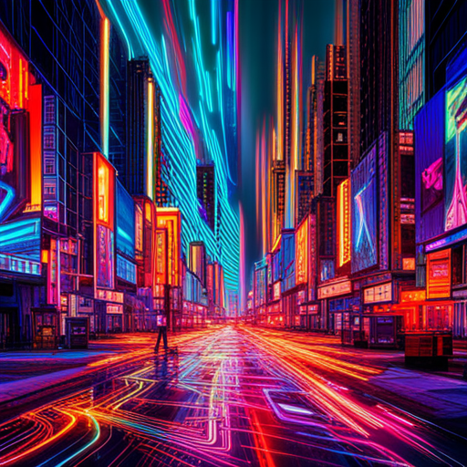 futuristic, artificial intelligence, data visualization, maximalism, generative art, technology, complex patterns, glitch art, cyberpunk, machine learning, wires and circuits, abstract expressionism, neon colors