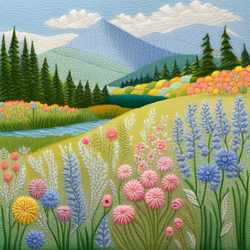 pastel, floral, meadow, embroidery, delicate, soft, impressionism, Monet, nature, bloom, spring, intricate, detailed, texture, impressionistic, vibrant, gentle, brushstrokes, color palette, light and shadows, field, hand-stitched, fabric, needlework, needlepoint, artistic, feminine, elegant, floral pattern, tranquil, peaceful, garden, growth, organic, natural, beauty, artwork, artistic representation, textile art