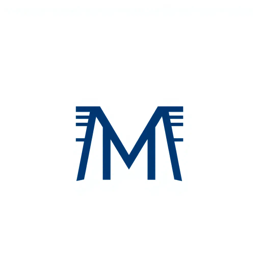 bold M logo mark, solid geometric letter, structured layers, subtle thin horizontal connector lines, indigo on white, modern minimal SaaS branding, flat vector, modernist simplicity, Bauhaus influence, clean design, minimalist aesthetics, structured composition, primary color palette, geometric precision, visual balance, negative space utilization, corporate identity, digital branding, contemporary design language, clarity in form
