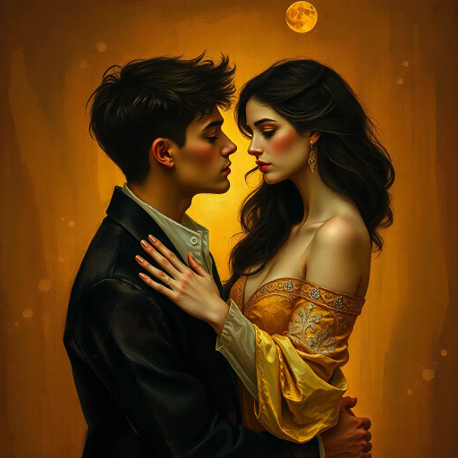 erotic, sensual atmosphere, Gustav Klimt, soft brushstrokes, expressionist influence, warm tone, intimate setting, romantic era, chiaroscuro, delicate textures, passionate interaction, interplay of light and shadow, subtle symbolism, alluring gaze, flowing forms, emotional resonance, Art Nouveau inspiration, dreamlike mood, intricate patterns, evocative composition, ethereal glow, rich details, layered depth, timeless beauty