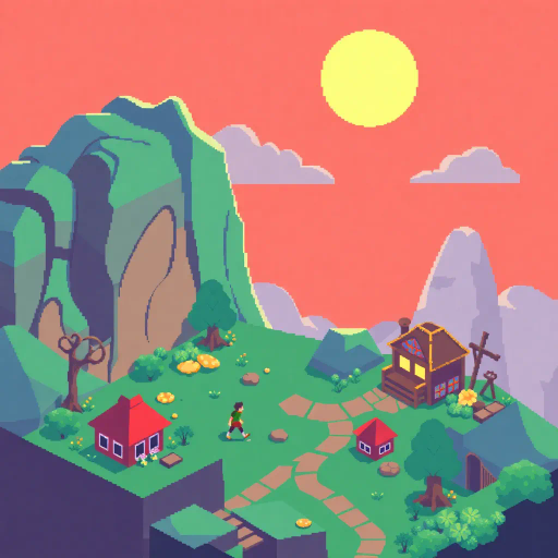 retro vibes, 8-bit charm, nostalgic palette, vibrant hues, pixel precision, classic video game era, minimalist detail, vintage console tribute, playful innocence, blocky graphics, fun and simplicity, chiptune energy, isometric perspective, fantasy worlds, charming and quaint, cultural nostalgia