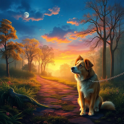 golden retriever, strolling peacefully, along a cobblestone path, Claude Monet influences, ethereal lighting, vibrant hues, rich textures, dynamic movement, pastoral scenery, Impressionist brushstrokes, warm sunset glow, emotional serenity, playful elegance, lush greenery, narrative composition, naturalistic detail, charming village, Timeless elegance, Edward Hopper's narrative style, vivid storytelling