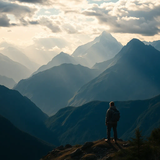solitary figure, mountain peak, expansive vista, vast horizon, atmospheric perspective, dramatic lighting, ethereal mood, introspective journey, majestic landscape, vivid colors, intricate textures, Edward Hopper influence, surreal elements, sweeping panorama, serene solitude, dynamic clouds, sweeping narrative, emotional depth, timeless exploration, dreamlike quality, artistic symbolism, visual storytelling, scenic composition, high contrast, rich palettes, detailed rendering, heroic scale