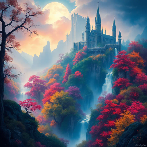 mythical landscape, epic scale, vibrant colors, enchanted forest, magical waterfalls, Arthur Rackham, J.R.R. Tolkien inspiration, ethereal glow, misty atmosphere, whimsical nature, medieval castles, enchanted creatures, surreal geometry, mystical aura, dream-like scenery, fairytale whimsy, enchanted realm, timeless beauty, storytelling elements, imaginative vistas, soft light, detailed foliage, fantasy realism, painterly textures, rich history, cultural mythology, adventure and wonder, vibrant hues, mythical symbolism, enchanted landscapes, narrative depth, otherworldly elements, celestial lighting, immersive scenery, emotional resonance, mythical legends, artistic enchantment, harmony with nature