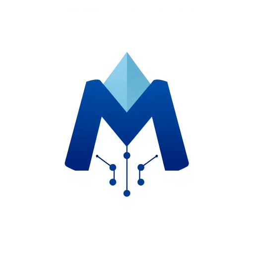 abstract letter M logo, parent node, child nodes, thin branching lines, tree hierarchy, indigo gradient, minimal vector design, white background, geometric abstraction, modernist influence, Bauhaus, clean lines, connection symbolism, hierarchical structure, conceptual design, negative space, visual balance, contemporary aesthetics