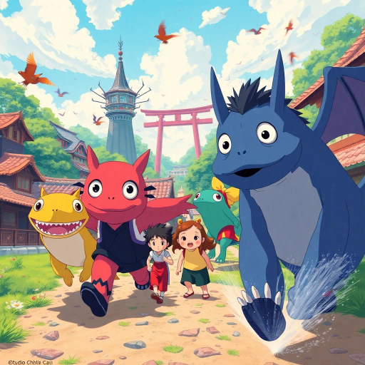 vibrant colors, dynamic composition, Studio Ghibli inspiration, detailed environments, expressive character designs, emotional depth, fantastical themes, cultural motifs, fluid motion, nostalgic atmosphere, distinctive line art, otherworldly settings, intricate detailing, magical realism, retro-futuristic elements, storytelling focus, character-driven narrative, visual storytelling, imaginative landscapes, enchanting creatures