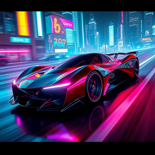 futuristic car design, sleek lines, chrome finish, vibrant neon highlights, dramatic lighting, dynamic movement, aerodynamic shape, retro-futurism, precision engineering, urban environment, concept art, high-tech materials, hyper-realistic detailing, modern aesthetics, speed and agility, metallic textures, ambient atmosphere, avant-garde composition, illuminated cityscape, art deco influences