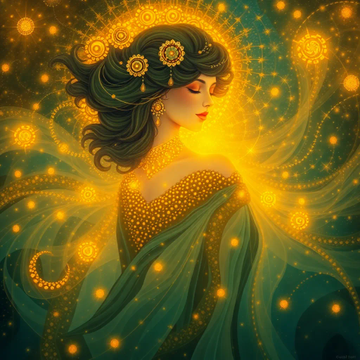 ethereal realm, enchanting beauty, Gustav Klimt, surreal elegance, divine femininity, radiant glow, golden hues, flowing curves, celestial allure, mythical ambiance, intricate detailing, dreamlike atmosphere, baroque influences, voluptuous forms, gentle curves, luminous highlights, mystical aura, tender expressions, timeless elegance, whimsical grace