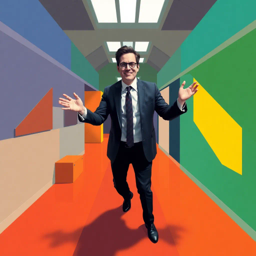 michael scott, geometric abstraction, vibrant colors, complex shapes, post-modernism, cubist influences, office humor, dynamic perspective, symmetrical balance, clean lines, minimalist textures, pop culture reference, expressive composition, playful mood, sharp angles, bold contrasts, workplace symbolism, art deco elements, Steve Carell as muse, contemporary setting, thematic depth