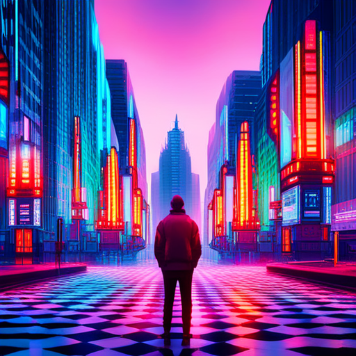 surrealism, glitch art, arcade machines, generative visuals, 3D animation, pixelated explosions, techno cyberpunk, virtual reality, vibrant colors, psychedelic colors, megastructures, retrofuturism, cyberpunk, chaos, digital sparks, rhythmical patterns, electric intensity, futuristic textures, neon lights