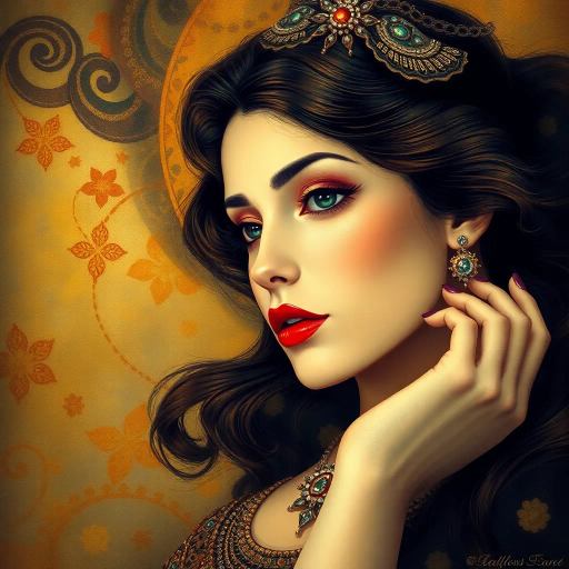 elegant woman, ethereal beauty, Gustav Klimt influence, Art Nouveau, soft lighting, romantic era, flowing textures, rich color palette, expressive eyes, serene mood, illusion of movement, delicate brushstrokes, timeless allure, intricate patterns, ornate jewelry, harmonious composition, luminous glow, ethereal presence, detailed realism, graceful poise, cultural renaissance, classical influence, dreamy atmosphere, vivid contrast