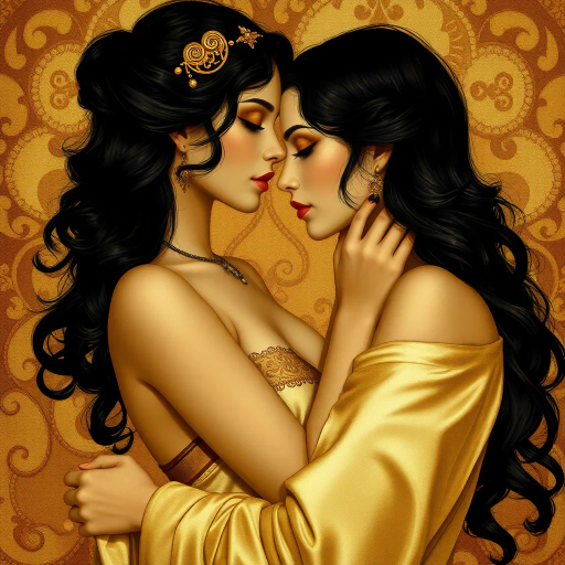 romantic sensuality, chiaroscuro lighting, vivid hues, flowing lines, emotional depth, intimate setting, Gustav Klimt influences, rich textures, human form, warm ambiance, baroque compositions, provocative aesthetic, seductive elegance, delicate forms, renaissance echoes, passionate expression, lush brushstrokes, dynamic movement, dreamlike atmosphere, contemporary flair, evocative symbolism, narrative quality, intimate portraiture, sensuous allure, timeless romance, intricate ornamentation, visual poetry, dramatic shadows