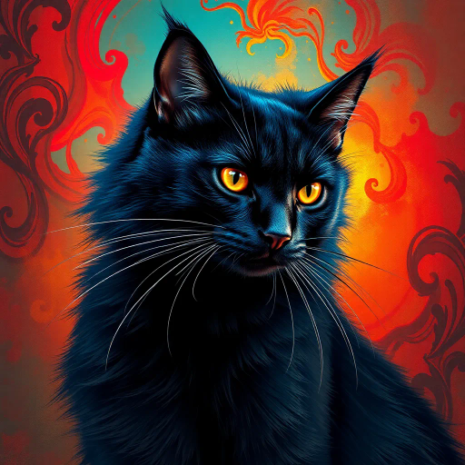 graceful feline, intricate fur texture, mesmerizing green eyes, Albrecht Dürer influence, chiaroscuro lighting, vibrant color palette, dynamic pose, ethereal aura, surrealistic elements, art nouveau curves, soft pastels, whimsical charm, mystique and curiosity, Victorian elegance, organic forms, fluid movement, delicate brushwork, detailed anatomy, harmonious balance, serene mood, mystical symbolism, opulent setting