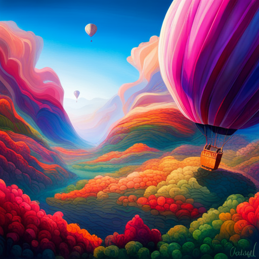 vibrant colors, large scale, dreamlike landscape, whimsical hot air balloon, surreal atmosphere, fantasy elements, imaginative composition, ethereal lighting, fantastical perspective, magical realism, floating sensation, colorful palette, otherworldly adventure