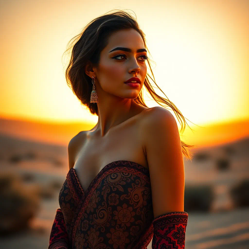 alluring Arab beauty, elegant poise, high heels, Henri Matisse and Yves Saint Laurent inspirations, modern elegance, desert oasis and professional setting, golden hour and chiaroscuro lighting, vibrant warm tones, luxurious textures, intricate and traditional Middle Eastern patterns, exotic allure, cultural richness, flowing lines, sensual movement, feminine power, refined and timeless grace, harmonious romantic ambiance, visual poetry, captivating and seductive composition, ethereal mood, desert mirage, artistic flair, expressive body language, sophisticated minimalism, textural contrast, dynamic perspective, poised demeanor, artistic serenity, contemporary realism, nuanced textures, stylish composition