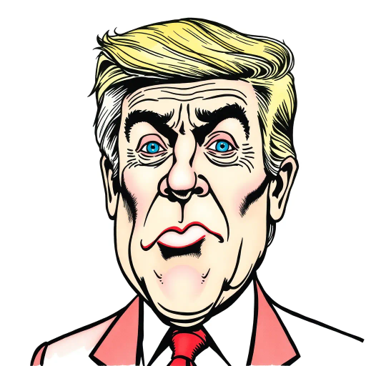 satirical caricature, exaggerated features, political symbolism, vibrant colors, pen-and-ink textures, Roy Lichtenstein influence, pop art era, humor-driven narrative, dynamic composition, bold outlines, American cultural elements, emotionally charged expressions, satirical tone, mid-20th century reference, iconic imagery, energetic line work, visual wit, comic strip aesthetics, subversive commentary, metaphorical elements