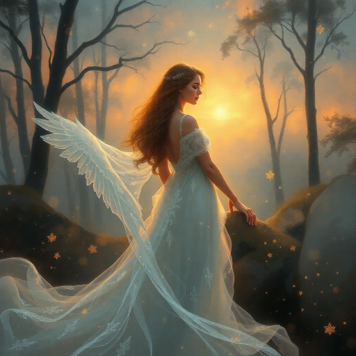 ethereal maiden, surreal ambiance, ethereal glow, delicate features, romanticism, art nouveau, vibrant pastels, luminescent lighting, whimsical dreamscape, serene expression, flowing gown, intricate lace patterns, Gabriel Rossetti, lush landscapes, transcendental aura, harmonious composition, enchanted forest, soft brushstrokes, timeless elegance, ethereal presence