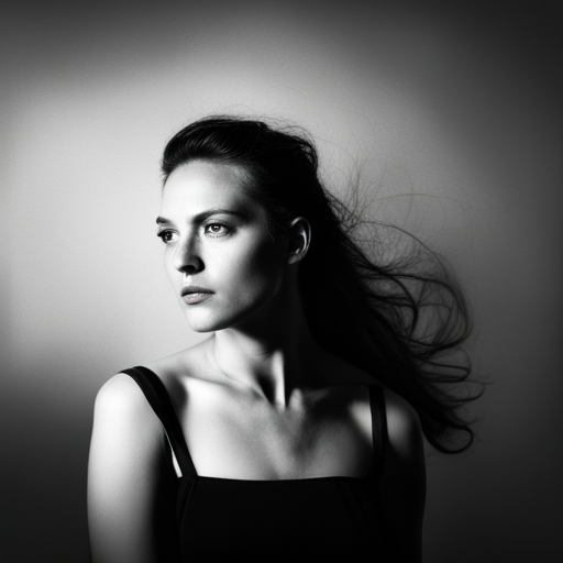 feminine strength, gracefulness, portrait, black and white, soft lighting, emotional expression, beauty, empowerment, contemporary, contrast, delicate features, monochrome, dramatic shadows, timeless elegance, classic composition, subtle textures, ethereal mood, intimate framing