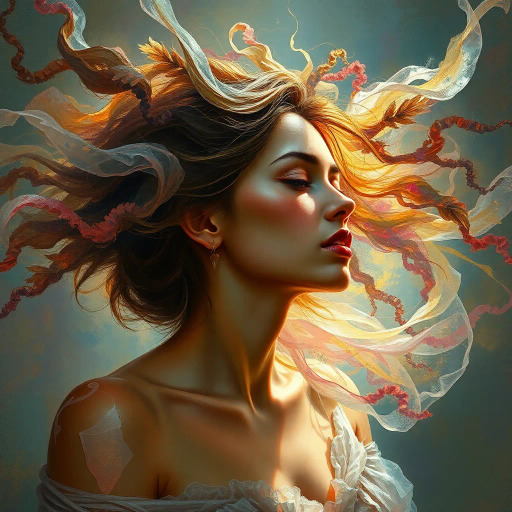 ethereal woman, renaissance lighting, dramatic contrasts, vibrant hues, delicate textures, impressionist influences, emotionally evocative, modern twist, surrealism undertones, dynamic composition, fluid movement, Baroque era inspiration, intricate details, fantastical elements, cultural richness, harmonious balance, mythical aura, expressive gesture, lively ambiance, magical realism, soft brushstrokes, timeless beauty