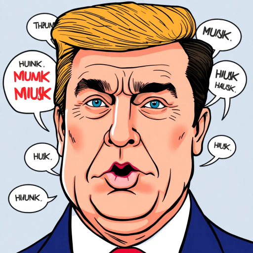 Donald Trump, Elon Musk, satire, exaggerated features, bold colors, sharp lines, Michael Kupperman, humorous, dynamic composition, contemporary, pop culture, political commentary, contrast, caricature, American themes, whimsical, expressive faces, layered textures, black outlines, vibrant palette, cultural icons, dialogue bubbles, modern storytelling, high energy, visual parody, exaggerated expressions, playful interactions, iconic representation