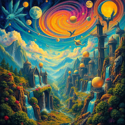 surreal landscape, futuristic cityscape, ethereal glow, vibrant color palette, Salvador Dalí influence, dream-like imagery, intricate details, cascading waterfalls, luminous skies, mythical creatures, otherworldly architecture, dynamic movement, cosmic energy, enchanting forest, mystical ambiance, juxtaposition of elements, imaginative realms, whimsy and wonder, sweeping vistas, fluid forms, elaborate patterns, celestial bodies, vibrant contrast, expansive spaces, psychedelic inspiration, vast valleys, towering peaks, lush forests, 20th century, fantasy realms, whimsical, imaginative, flowing lines, golden hues, emerald greens, mystical vibes, magical essence, elaborate storytelling, epic scale, captivating scenes, cultural mythos, mythical legends, atmospheric depth, poetic visuals, creative exploration, otherworldly charm, enchanted atmosphere