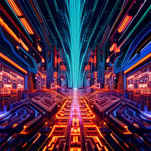 futuristic, artificial intelligence, maximalism, generative art, complex patterns, cyberpunk, machine learning, abstract expressionism, wires and circuits, glitch art, neon colors, data visualization