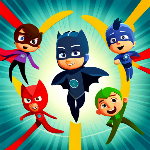 pjmask, cartoon characters, animated, vibrant colors, energetic, action-packed, superhero, children's show, animated series, 3D animation, adventure, teamwork, masks, mystery, young heroes, nighttime, dynamic poses, dynamic composition