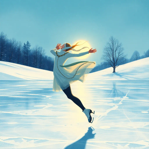 elegance in motion, winter skater, olympic spirit, crystalline ice, dynamic fluidity, ethereal grace, hyper-detailed, blue and silver hues, sparkling frost, dramatic lighting, Edgar Degas influence, elegant choreography, sportsmanship, athletic poise, icy textures, frozen landscape, sweeping panoramas, high speed motion, intricate costumes, reflective surfaces, celebratory atmosphere, geometric patterns, seamless flow, cultural celebration, human form, sleek lines, emotive expressions, giant scale, grand spectacle, movement in silence, abstract impressions