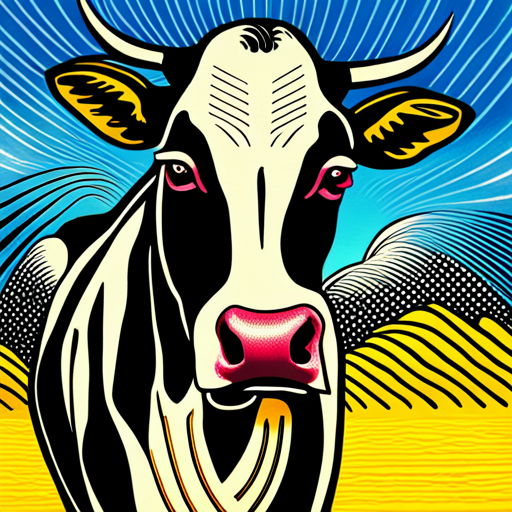 black and white, cow, acid trip, pop art, surrealism, psychedelic art, contrast, ink, dot matrix, 1960s, graphic design, pattern, hallucination, cartoon, bold lines, monochrome, distorted, vibrant colors