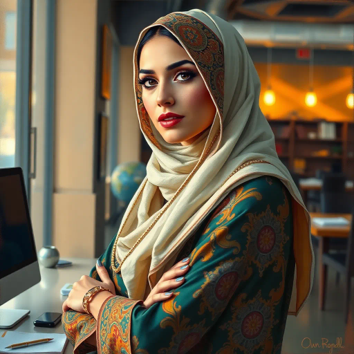 Arab lady, professional setting, vibrant colors, impressionism, warm lighting, intricate patterns, cultural attire, realism, detail-oriented, rich textures, elegant composition, dynamic posture, evocative mood, Middle Eastern influences, feminine strength, modern working environment, contemporary elements, soft brush strokes, emotional depth, thoughtful expression, timeless elegance, sophisticated aura