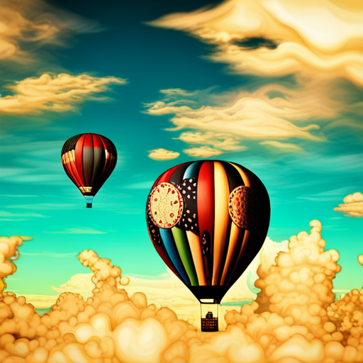 vibrant colors, large scale, dreamlike landscape, whimsical hot air balloon, surreal atmosphere, fantasy elements, imaginative composition, ethereal lighting, fantastical perspective, magical realism, floating sensation, colorful palette, otherworldly adventure