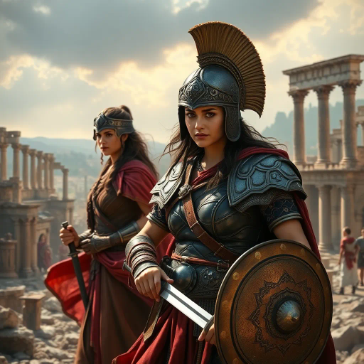 Visigothic warrior, Roman girls, Sack of Rome 410CE, Alaric I, historical fantasy, dramatic lighting, ancient ruins, Roman architecture, tension, contrast, battle aftermath, intricate armor, flowing robes, realism, mythological echoes, dynamic poses, epic storytelling, classical influence, historical accuracy, vibrant colors, cultural clash, emotive expressions, strategic composition, dynamic movement, atmospheric depth, historical narrative, powerful symbolism, historical reimagining, vivid detail, artistic intent, sweeping vistas, chiaroscuro, Hellenistic inspiration, Baroque drama, Caravaggio influence, narrative depth, evocative atmosphere