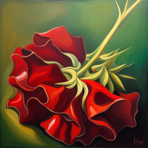 romanticism, still-life, oil painting, impressionism, art nouveau, warm lighting, chiaroscuro, emotional symbolism, thorns, red petals, life cycle, fragility, beauty, nature