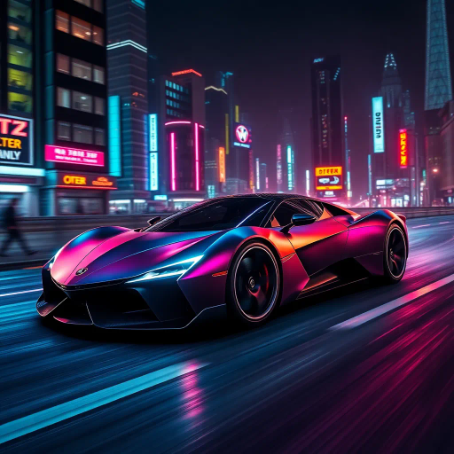 futuristic car design, sleek lines, chrome finish, vibrant neon highlights, dramatic lighting, dynamic movement, aerodynamic shape, retro-futurism, precision engineering, urban environment, concept art, high-tech materials, hyper-realistic detailing, modern aesthetics, speed and agility, metallic textures, ambient atmosphere, avant-garde composition, illuminated cityscape, art deco influences