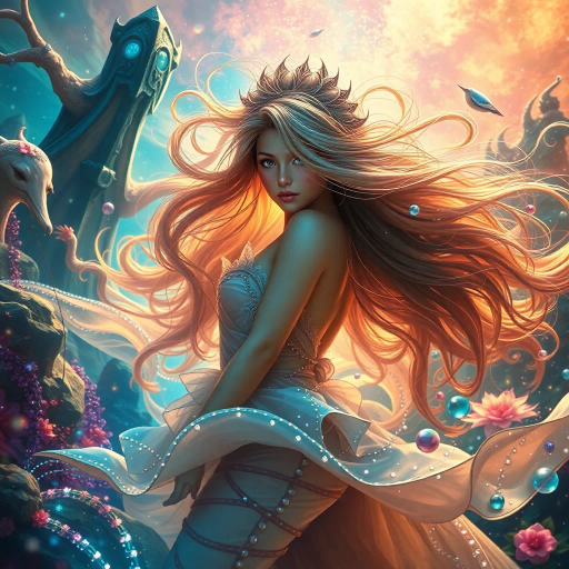 vibrant fantasy scene, youthful exuberance, ethereal beauty, otherworldly realm, dynamic movement, flowing curves, shimmering textures, vibrant colors, luminescent lighting, mythical backgrounds, captivating gaze, whimsical composition, surreal elegance, dreamlike atmosphere, enchanting allure, contemporary influences, surreal proportions, grandeur scale, imaginative realism, captivating silhouette