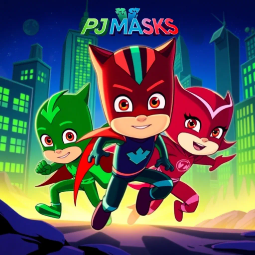 PJ Masks, heroic trio, dynamic action, vivid colors, high contrast, futuristic cityscape, midnight blues, vibrant greens, animated style, dramatic shadows, fast-paced, heroic journey, children's heroes, comic strip influence, rescue mission, environmental protection, teamwork, bold outlines, stylized, storytelling, graphic novel technique, adventure narrative, heroic lighting, superhero themes, youthful spirit, comic panel composition, exaggerated perspectives, playful energy, imaginative landscapes, suspenseful mood, colorful expressions, visual impact, narrative depth