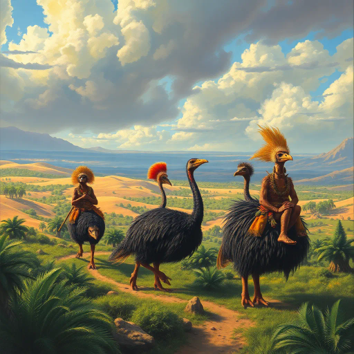 prehistoric warriors, animal skins, cassowary riders, dinosaur resemblance, verdant oasis, expansive desert horizon, dramatic lighting, Jean Giraud influence, Maurice Sendak, vibrant colors, cinematic scale, Maxfield Parrish, tribal culture, surreal narrative, dynamic composition, whimsical creatures, epic scale, mystical aura, intricate textures, expressive brushstrokes, adventurous spirit, ancient mythology, Henri Rousseau influence, tropical vegetation, cultural fusion, detailed textures, ethereal landscape, dreamy scenario, mythical creatures, symbolic fauna, primal energy