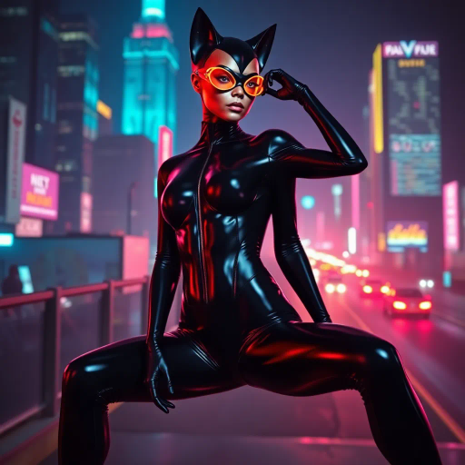 sleek catsuit design, high fashion, futuristic elements, vibrant neon lighting, dynamic pose, bold composition, metallic textures, sci-fi influence, Joan Miró inspiration, night cityscape, cyberpunk aesthetics, mysterious mood, playful elegance, abstract forms, intricate detailing, avant-garde style, fluid movements, bold color contrasts, surreal presentation, depth and layering, unconventional materials, reflections and shadows, elegant silhouette, imaginative realm, Salvador Dali, dreamlike atmosphere, geometric precision, fluid dynamics, visual storytelling, abstract surrealism, enigmatic expressions, ethereal glow, kaleidoscopic patterns, reflective surfaces, overlapping dimensions, contrasting hues, multidimensional perspective, spatial depth, imaginative narrative