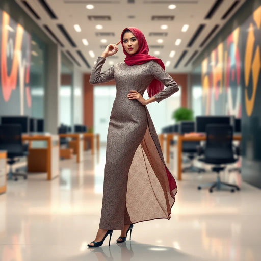 elegant Arab woman, professional attire, modern workplace, high heels, Middle Eastern influence, contemporary art style, intricate patterns, vibrant color palette, soft ambient lighting, cultural expression, dynamic posing, delicate textiles, confidence, empowerment, sophistication, grace, diverse cultural representation, cultural fusion, impressionism influences, human form depiction, balance and harmony, dynamic office environment, elegance, poise, detailed craftwork, modernism, cultural narrative, harmonious composition, vibrant textures