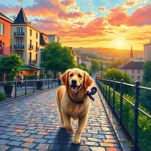golden retriever, strolling peacefully, along a cobblestone path, Claude Monet influences, ethereal lighting, vibrant hues, rich textures, dynamic movement, pastoral scenery, Impressionist brushstrokes, warm sunset glow, emotional serenity, playful elegance, lush greenery, narrative composition, naturalistic detail, charming village, Timeless elegance, Edward Hopper's narrative style, vivid storytelling