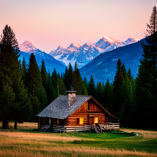 majestic, serene, landscape, peaceful, remote, solitude, cozy, rustic, wooden, cabin, mountains, nature, escape, retreat, tranquility, forest, trees, snow-capped peaks, scenic enhance, digital-art