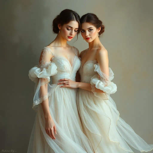 elegant femmes, graceful posture, intricate fashion, ethereal beauty, soft lighting, romantic era, impressionistic brushstrokes, pastel hues, delicate textures, feminine elegance, serene expressions, renaissance influences, flowing fabrics, atmospheric composition, refined aesthetics, timeless allure, enchanting aura, subtle movement, classical themes, Claude Monet, Edgar Degas, Raphael, chiaroscuro, delicate pastels, harmonious balance, historical richness, fine detail, luminous glow, cultural grace, narrative depth, portraiture, emotive grace, evocative ambiance