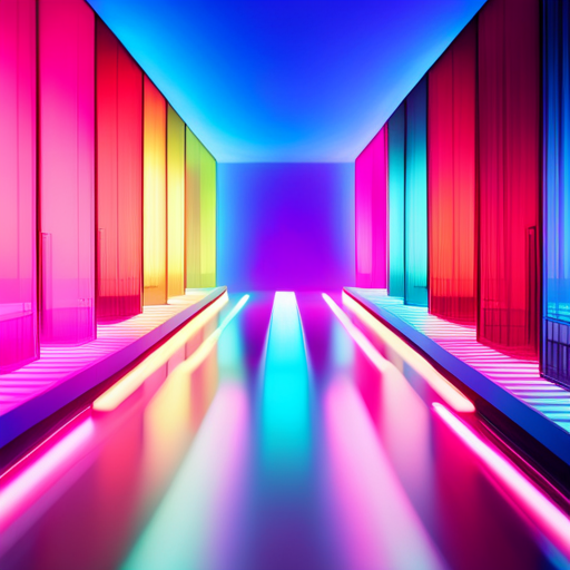 neon glow, futuristic design, metallic shine, avant-garde, high contrast, chromatic aberration, iridescent hues, minimalist composition, tech-inspired color palette