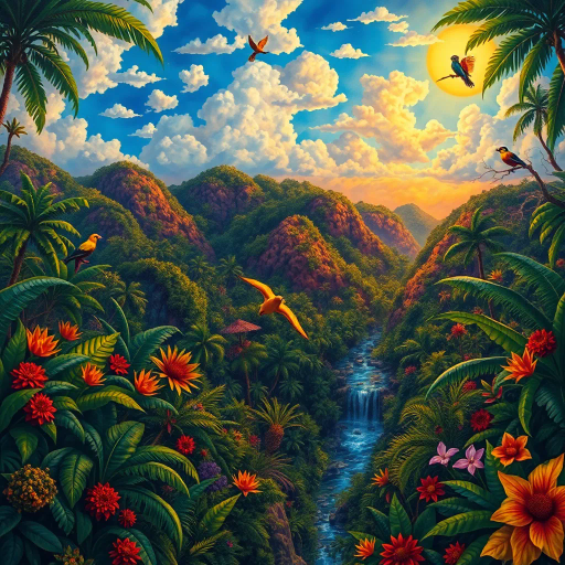 vivid rainforests, carnival atmosphere, vibrant colors, intricate details, lush foliage, rich cultural heritage, magical realism, Brazilian landscape, surreal clouds, tropical wildlife, Henri Rousseau influence, rhythmic movement, radiant sunlight, festive mood, intricate patterns, exotic birds, mythical elements, celebratory spirit, tropical flora, samba rhythm, enchanting scenery