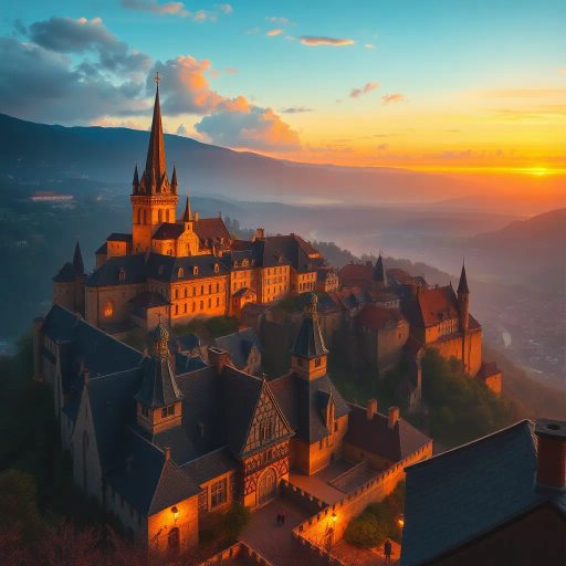 medieval cityscape, glowing twilight, perched on hilltop, vibrant colors, Claude Lorrain influence, golden hour lighting, ethereal atmosphere, lush landscapes, towering spires, intricate architecture, cobblestone streets, panoramic views, sweeping vistas, rich texture, romanticism, detailed engravings, enchanting aura, timeless beauty, serene ambiance, historical roots, narrative storytelling, mystical realm, elevated perspective, imaginative vision, dreamlike setting, magical realism, atmospheric haze, visual poetry, harmonious balance, artistic expression, visionary landscape, fantasy essence, enchanting visuals, Claude Monet inspiration, Baroque influence, tapestry of color, luminous glow, enchanting spell, whimsical charm, historical narrative, romantic era, pastel hues, soft shadows